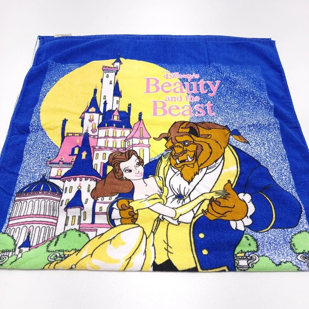 Vintage 90s Disney Beauty and the Beast Bath Beach Towel Cotton Franco EUC Vivid